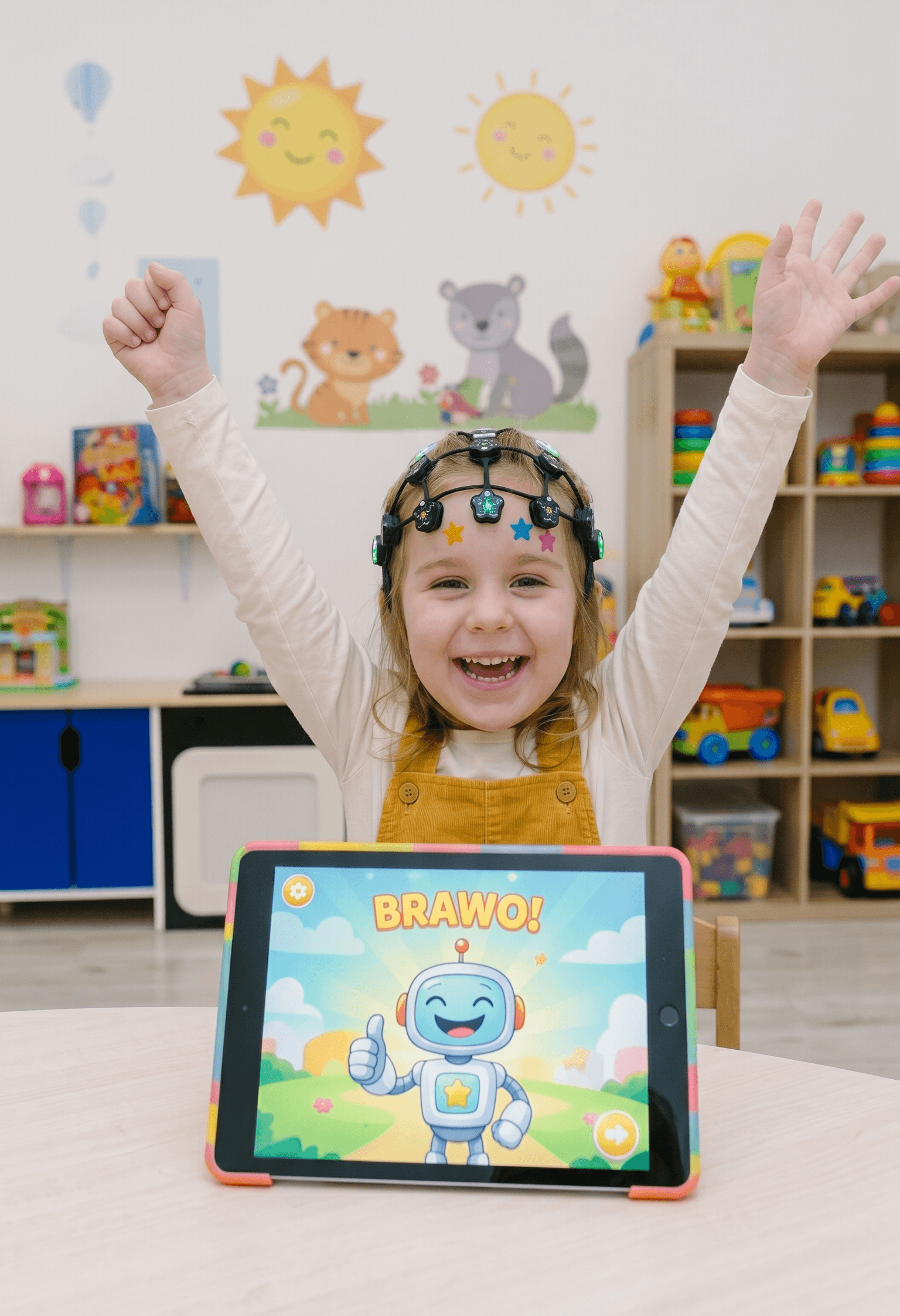 Uśmiechnięta dziewczynka z czepkiem do treningu EEG Biofeedback korzystająca z tabletu edukacyjnego